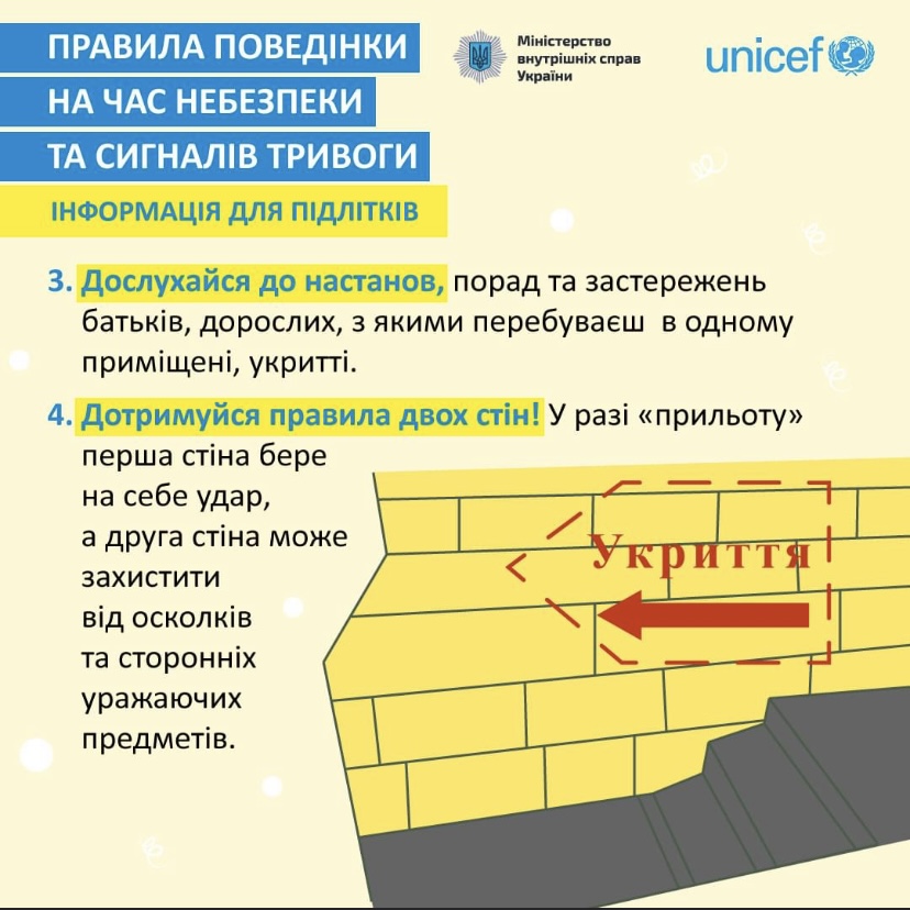 Правило 3: дослухайся до настанов дорослих в укритті. Правило 4: дотримуйся правила двох стін — перша стіна бере на себе удар, друга захищає від осколків.
